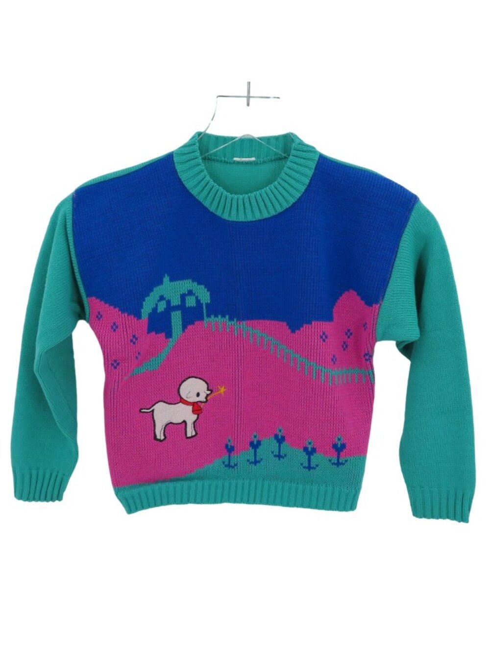 VTG Children Girl SEE MEASUREMENTS Crewneck Knit Pullover Sweater Lamb Landscape